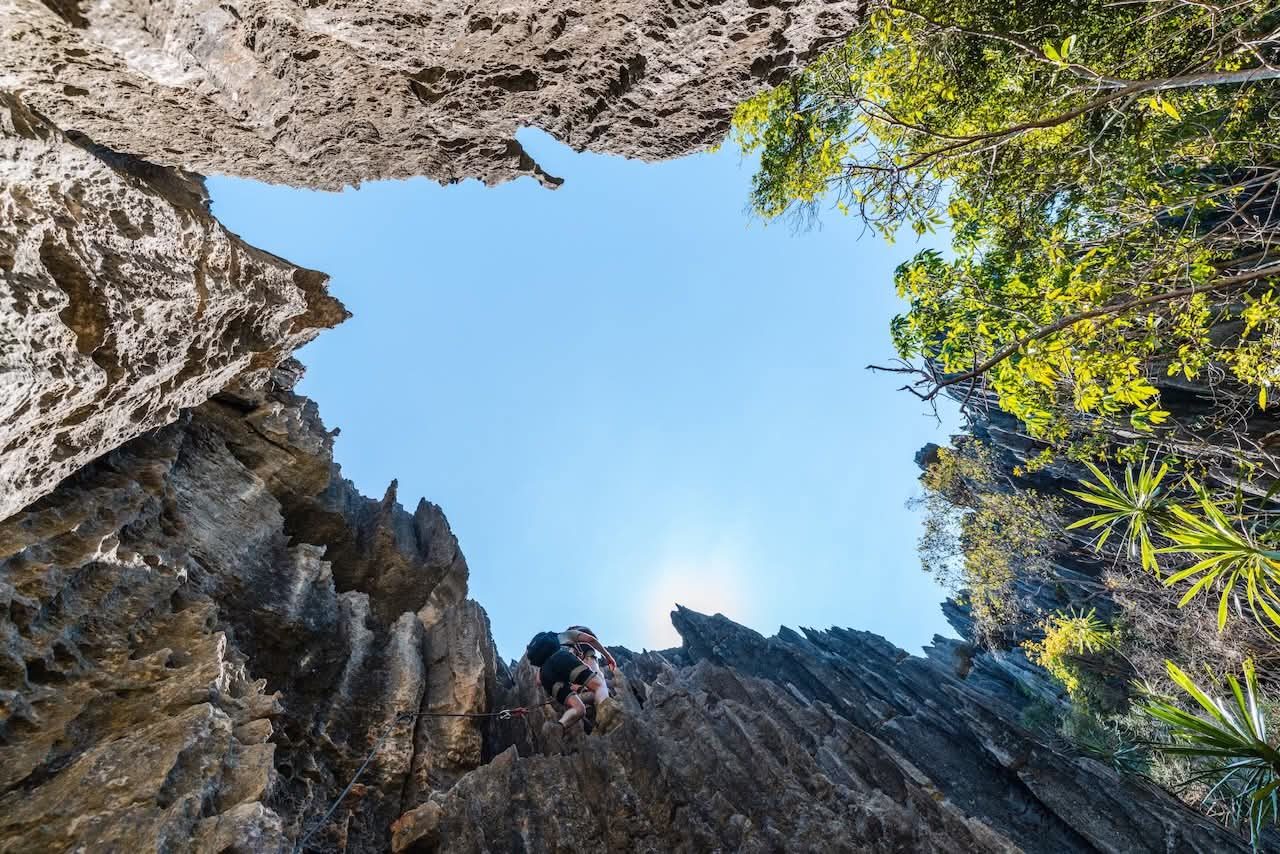 Natural stone window framing the sky in the Tsingy